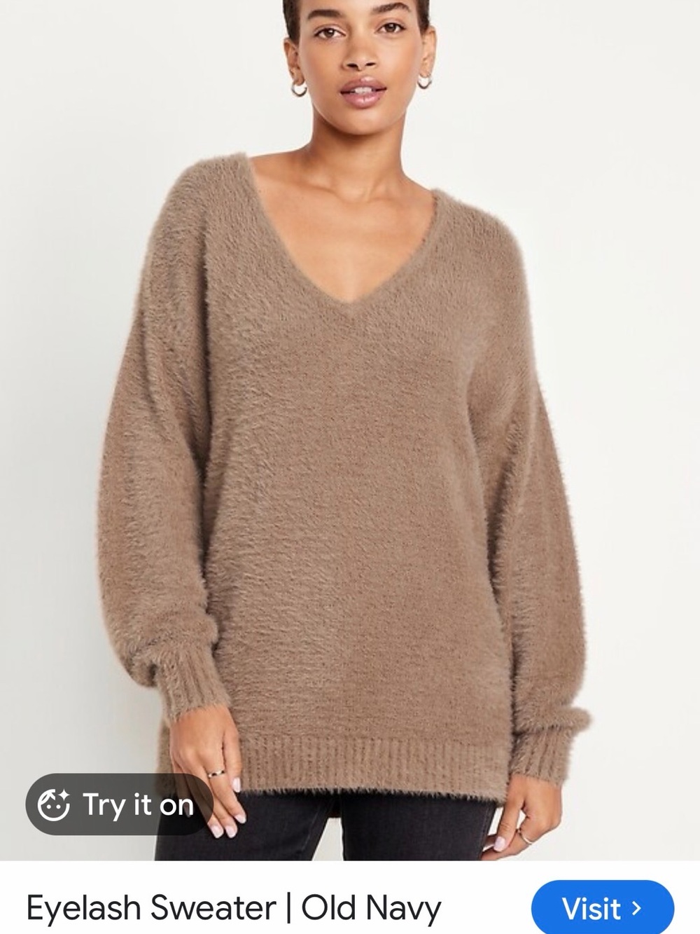 Old Navy Fuzzy V-Neck Sweater in Taupe Brown